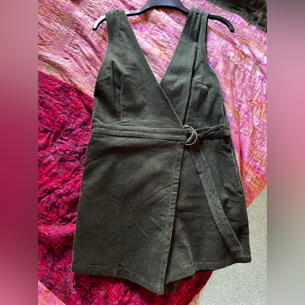 Absolutely Cute Dark Green Corduroy Faux-Wrap Skort Romper